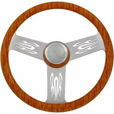18 Inch Chrome 3 Spoke Flame Printed Wood Steering Wheel Kit With Matching Bezel & Flame Cutouts