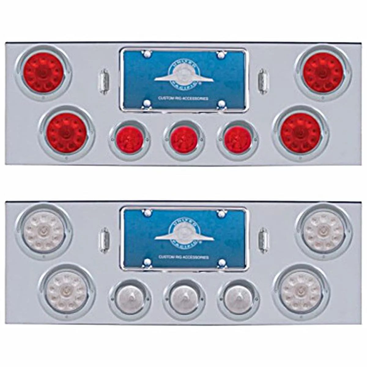 Chrome Rear Center Panel w/ 4 X 10 LED 4″ Lights & 3 X 13 LED 2-1/2″ Beehive Lights & Visors – Red LEDs (Red or Clear Lens)