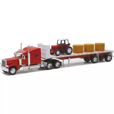 CSM 1:32 Scale Peterbilt 389 Diecast Model W/ Flatbed, Farm Tractor & Round Bales