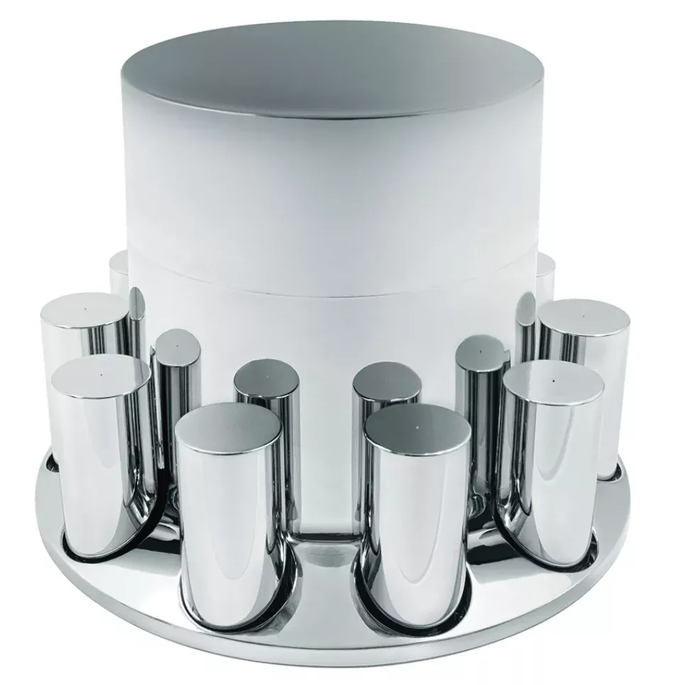Rear Axle Wheel Cover “Extra Tall Flat Top” With 10 Thread-On Nut Covers, High Quality Chrome Plated ABS Plastic