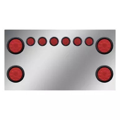Turnpike Truck Trim 34 X 18 Inch 304 SS Rear Center Panel Square Corners W/ 4 Rnd Red / Red 4 Inch & 6 Rnd Red / Red 2 Inch Lights